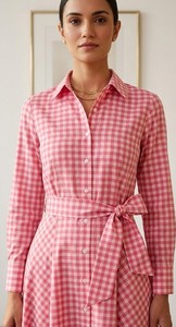 Vestido camisero largo a cuadros rosa para mujer, de manga larga, con cinturón, de algodón, corte en A. - Product Image 5