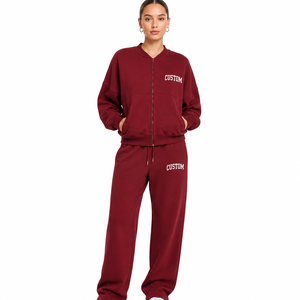 <b>Y2K</b> Women Burgundy Tracksuit Set Full Zip Bomber Jacket Relaxed Jogger <b>Pants</b> Athletic Training Outfit Custom branding Sportswear - Product Image 1