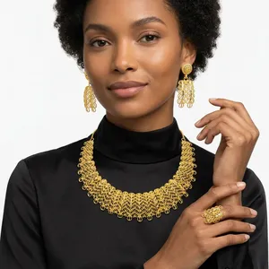 Gold Plated Brass Flower Box Chain Necklace and Earrings Set-Classic Style Free Size for Women's <b>Wedding</b> & Party - Product Image 1