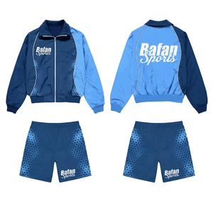 ชุดเซ็ตเสื้อแจ็คเก็ตกันลมผู้ชายพรีเมียม 120 GSM ผ้าโพลีเอสเตอร์ สีน้ำเงิน แต่งแถบสีตัดกัน โลโก้แบบซับลิเมชั่น ชุดกีฬาสั่งทำพิเศษ ไซส์พลัส - Product Image 1