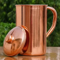 Juego de Jarra de Agua de Cobre Forjado a Mano - Tapa Push-Pull Antiderrames, Diseño Delgado de Lujo, Unisex, Regalo de Boda, Uso Doméstico, Personalizable, Estilo Antiguo