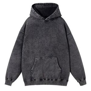Sweat à capuche décontracté pour homme en coton délavé multicolore, coupe oversize, couleur unie, en molleton bouclette, manches longues, avec poches - Product Image 1