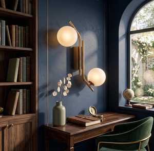 Applique murale moderne en laiton avec deux abat-jour ronds, bras courbé, luminaire mural d'intérieur pour salon - Product Image 4