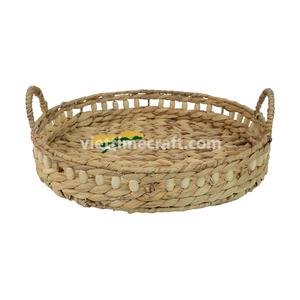 Bandeja redonda de jacinto de agua bordada con asas de cuentas, bandeja de servicio tejida a mano y bandeja de almacenamiento de Vietnam - Product Image 4