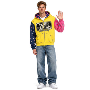 Sudadera con capucha y cremallera para hombre, estilo urbano desgastado, con bloques de color, bordado personalizado, algodón grueso, ropa de moda casual urbana - Product Image 3