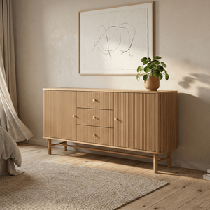 Commode autoportante minimaliste Kaede en teck massif, 3 tiroirs, finition naturelle, pour chambre, salon, entrepôt, intérieur - Product Image 1
