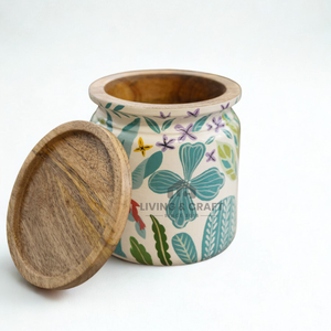 Pot en bois artisanal de qualité supérieure avec décorations en émail |   Conteneur de rangement de cuisine en bois d'acacia - Product Image 1