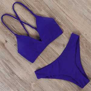 Women's Pink Bikini Set Crossed Halter Top Tie Side Bottom <b>Thong</b> Swimwear Stretch Spandex Polyester Solid Color - Product Image 2