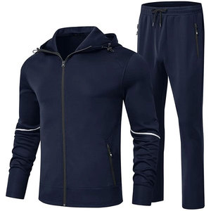 Ensemble de survêtement bleu marine à capuche pour homme, manches longues, fermeture éclair, décontracté, pour l'automne, couleur unie, respirant, coupe régulière, polyester - Product Image 1