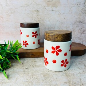 Handcrafted Ceramic <b>Storage</b> Jar Set Wooden Lid Airtight <b>Kitchen</b> Organizer Floral Design Durable Food Safe <b>Container</b> - Product Image 1