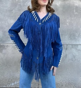 เสื้อแจ็คเก็ตหนังกลับสีน้ำเงินสไตล์วินเทจสำหรับผู้หญิง แต่งพู่และลูกปัด สไตล์คาวเกิร์ลตะวันตก - Product Image 1