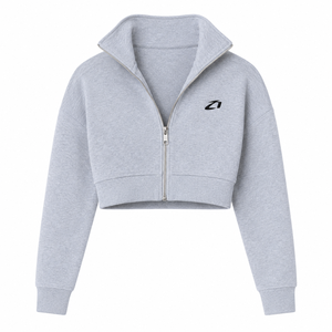 Women <b>Cropped</b> <b>Zip</b>-<b>Up</b> Sweatshirt Full Sleeve Solid Gray Cotton Blend Stand Collar Breathable Casual Streetwear Top Manufacturer - Product Image 5
