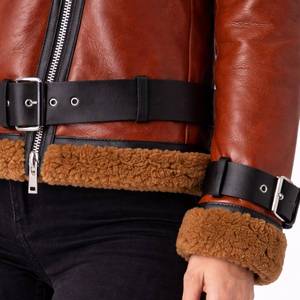 Veste de moto en peau de mouton respirante surdimensionnée Blanche Rusty Brown avec cuir véritable - Veste en cuir marron - Product Image 4