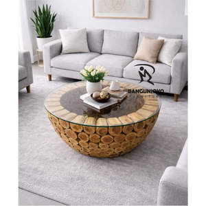 Table basse rustique en bois de teck massif, en forme de cercle, pour un attrait esthétique dans les salons - Product Image 3