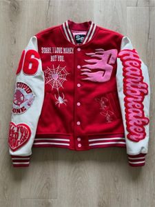 Red Varsity Jacket Embroidered Heartbreaker Patch Money Slogan Preppy Style Genuine Leather Shell Solid Unisex for Autumn Wear - Product Image 2