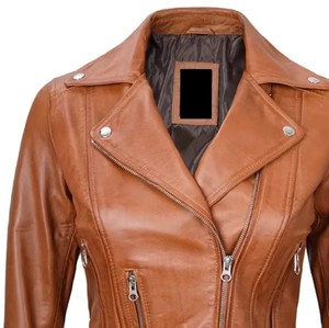 Chaqueta de Motociclista de Cuero Genuino para Mujer, Color Marrón, Manga Larga, Cierre de Cremallera, Cuello Alto, Estilo Biker, Resistente al Viento para Otoño - Product Image 2