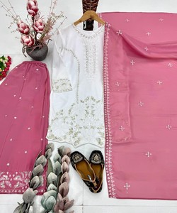 DESIGNER GEORGETTE EMBROIDERY SEQUENCE WORK WITH PEARL MOTI HAND WORK TOP PALAZZO WITH DUPATTA 84890 BABY PINK pakistani salwar - Product Image 4