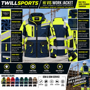TwillSports <b>Hi</b> <b>Vis</b> Reflective Workwear <b>Jacket</b> Men's <b>Waterproof</b> Windproof Safety <b>Jacket</b> for Construction Warehouse Road Work - Product Image 6
