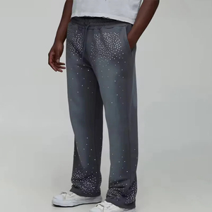 Pantalon de survêtement streetwear personnalisé avec strass, coupe oversize vintage, en molleton épais, délavé à l'acide, jambe droite, style baggy - Product Image 1