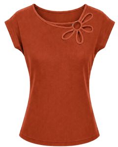 Manufacturer Rust Orange Women Casual Summer Blouse Elegant Flower Neck Short Sleeve Fashion Loose Fit Daily Wear <b>Top</b> Apparel - Product Image 1