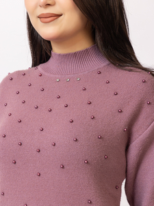 Suéter de Punto Sólido para Mujer, Cuello Alto, Manga Larga, con Detalles Adornados con Tachuelas, Estilo Casual de Invierno - Product Image 6