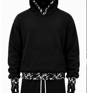 Ensemble de survêtement polaire réversible noir à capuche pour femme, grande taille, maternité, avec bordure florale, ourlet fendu, coupe régulière, longueur intégrale - Product Image 5