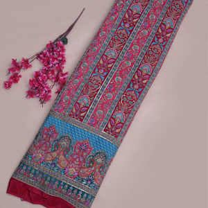 Red Floral Stripe Placement Print Fabric With Ornamental Border For Designer Kurti Dress Material Ethnic Wear Fabric - Product Image 1