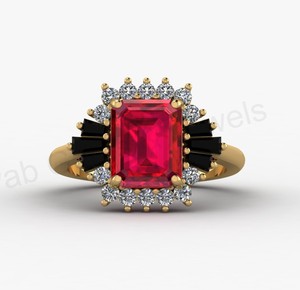 18K Gold 925 <b>Silver</b> Black Onyx & Ruby Quartz <b>Emerald</b> Cut Halo <b>Ring</b> CZ Prong Setting Engagement <b>Ring</b> Dainty Fine Jewelry For Her - Product Image 1