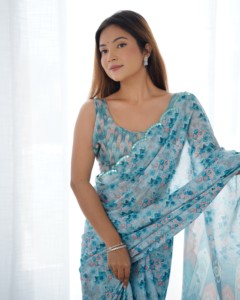 Elegante Saree Tradicional de Chinnon con Borde de Encaje de Espejo de Secado Rápido para Mujer, Saree Indio para Fiestas, Colección para Todas las Temporadas - Product Image 2