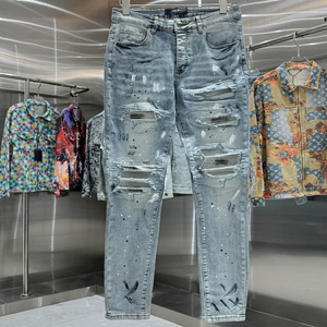 กางเกงยีนส์แนวสตรีทของผู้ชายใหม่ล่าสุดผ้าเดนิมผ้าฝ้ายผสมติดป้าย - Product Image 1