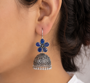 Blue Onyx Flower Oxidized <b>Silver</b> Brass Trendy Drop <b>Earrings</b> for Women Party Wholesale Supplier - Product Image 2