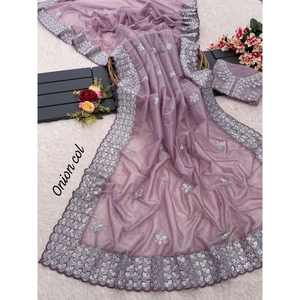 DISEÑADOR GEORGETTE BORDADO SECUENCIA TRABAJO SAREE CON BLUSA DESCOSTADA CEBOLLA - Product Image 1