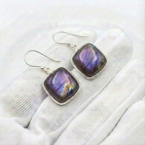 Handmade Solid 925 <b>Sterling</b> <b>Silver</b> Gemstone <b>Earrings</b> Bezel Setting Labradorite Square Boho Dangle <b>Drop</b> <b>Earrings</b> For Women - Product Image 1