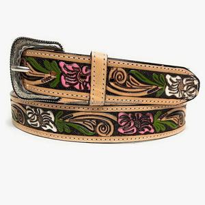 Ceinture en cuir véritable de style western, embossée de motifs floraux, d'excellente qualité et fabrication soignée, avec boucle en laiton, toutes tailles disponibles. - Product Image 1