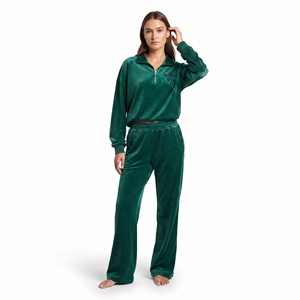 Ensemble de survêtement deux pièces en velours pour femme, sweat-shirt à col zippé, épaules tombantes, manches longues à revers, pantalon de jogging à jambes larges - Product Image 1