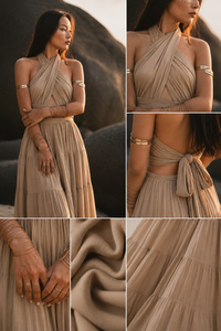Robe longue élégante beige à col halter et dos nu pour femme, robe de soirée plissée de luxe style bohème pour les fêtes estivales et les tenues de villégiature - Product Image 5
