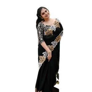 Sari de créateur moderne, le plus beau et le plus adorable, en tissu de chiffon satiné avec broderie en fil de Jari pour les occasions de fête - Product Image 1