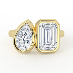 Solid Yellow Gold Lab Grown Diamond <b>Ring</b> Toi Et Moi Emerald Pear Cut Full Bezel Set Minimalist Band <b>Two</b> <b>Stone</b> Wedding Jewelry - Product Image 1
