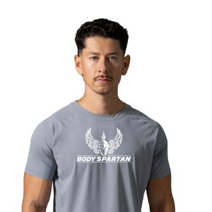 T-shirt de performance gris clair pour homme, anti-humidité, haut de gamme, col rond, pour entraînement, course à pied, gym, fitness, vêtements de sport - Product Image 2
