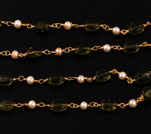 Cadena de Rosario Ovalada de Peridoto Natural y Perla Hidro, Chapada en Oro, por Rollo, Cadena de Joyería a Granel, Vendida por Pies, de Mayorista Indio - Product Image 1