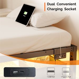 Letto a soppalco matrimoniale in metallo nero con porta USB-C integrate, luci LED a striscia, design semplice, non richiede rete a molle - Product Image 3