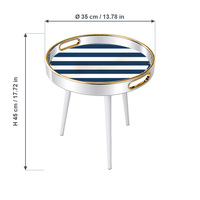 Table d'appoint ronde à trois pieds avec plateau en verre et rayures blanches marine pour salon ou balcon