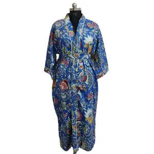 الهندي القطن الأزرق Mukut المطبوعة القطن كيمونو مثير البشكير طويلة ليلة دعوى الصيف ارتداء العرقية فستان سهرة المعطف ماكسي اللباس