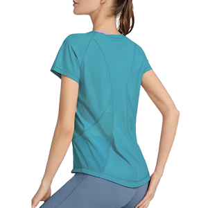 T-shirt ajusté à manches courtes et col rond pour femme, avec empiècements en maille, respirant, anti-humidité et séchage rapide, idéal pour le sport - Product Image 3