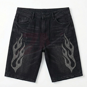 Pantalones Cortos de Mezclilla Personalizados Premium para Hombre con Decoración de Diamantes de Imitación, Servicio de Fabricación al por Mayor de Alta Calidad - Product Image 1