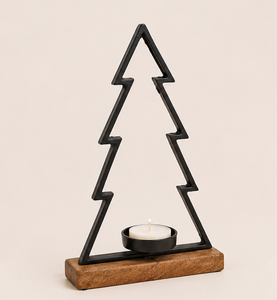 Handmade Metal Christmas Tree Candle Holder With Natural Mango Wood Base Modern Rustic Iron <b>Tea</b> Light <b>Stand</b> For Holiday Home - Product Image 3