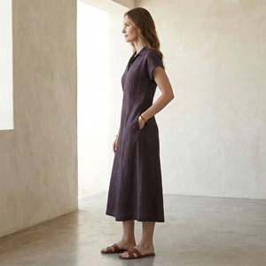Brown Cotton Flax Paneled A-Line Midi <b>Dress</b> <b>For</b> <b>Women</b> Featuring Lightweight Fabric Modern Style Comfortable Fit <b>For</b> Everyday - Product Image 3