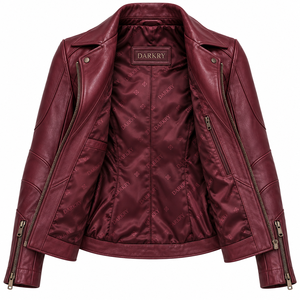 Burgundy Wine Red <b>Women</b> Real Lambskin Leather Biker <b>Jacket</b> Geometric Stitched Panel Asymmetric Zipper Lapel Outerwear - Product Image 5