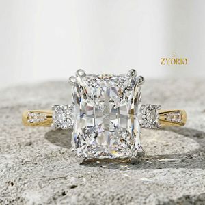 14K Gold Radiant Cut Three Stone Diamond Ring Diamond Accent Engagement Ring Lab Grown Diamond Bridal Jewelry - Product Image 1