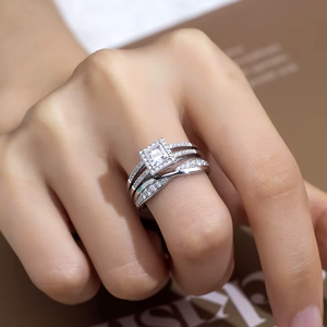 Princess Cut Diamond Engagement Ring Set 18K Gold Rhodium Plated Pave Setting Geometric Classic Style Unisex - Product Image 6